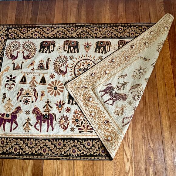 Vintage Indian Kantha Embroidered Tapestry – Elephants, Horses & Folk Motifs - Picture 8 of 14